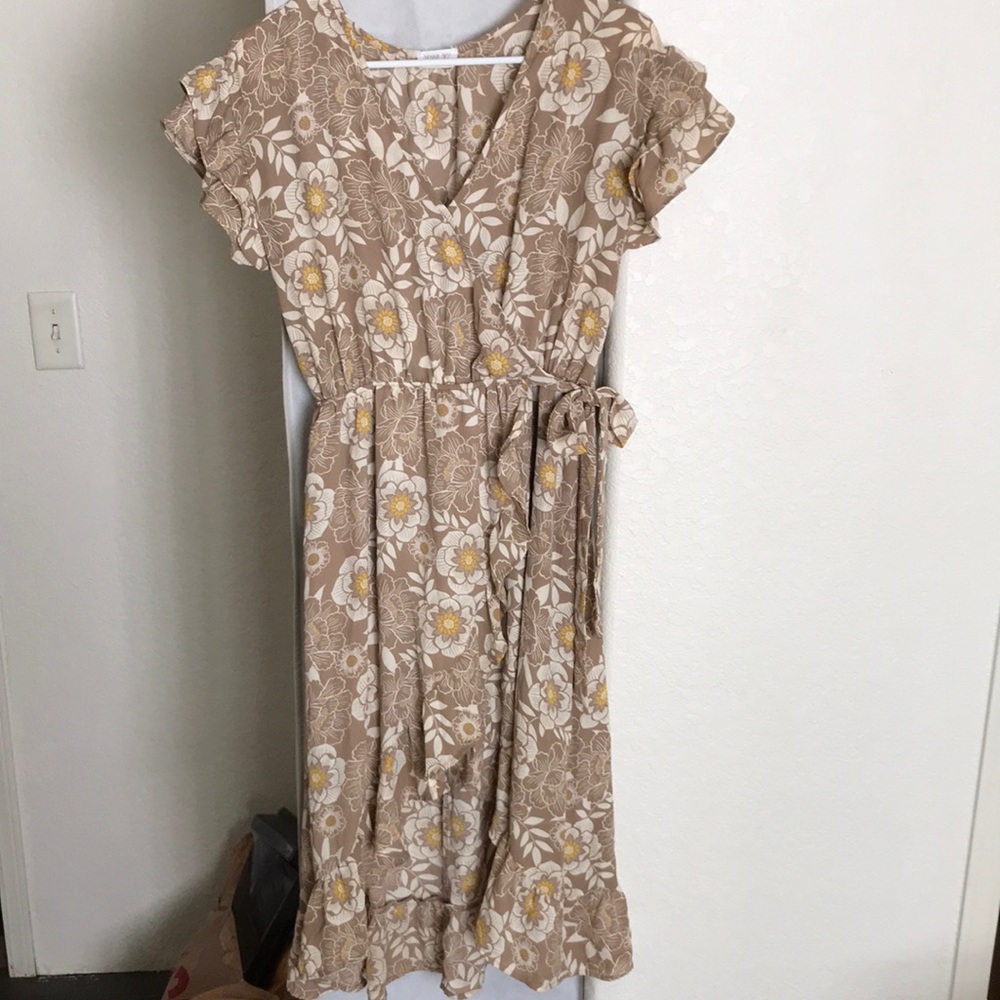 Sienna Sky Beige Floral High-Low Wrap Dress with Tie